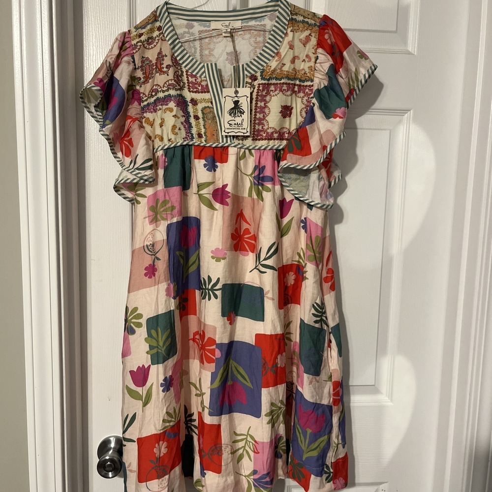 Easel Boutique Tropical Babydoll Dress Colorful Resort Vacation Indie Boho